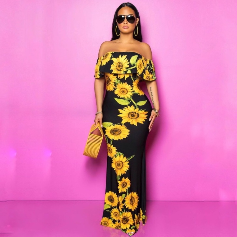 Sunflower Stretch Floral Maxi Bodycon Summer Dress - Picture 8 of 8